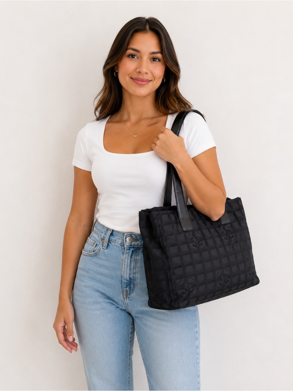 Chanel Travel Line Black Quilted Tote Bag with Leather Handles EUC
